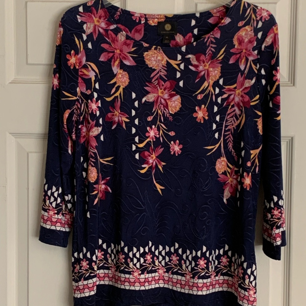 JM Collection Navy Floral Scoop Neck Top with Pink & Yellow Accents